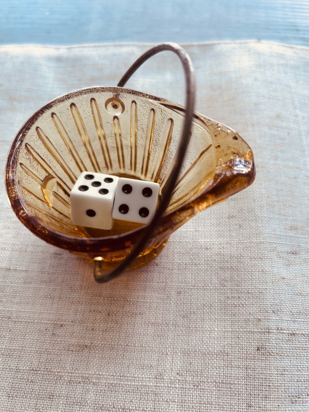 MahJong Dice Dish, Vintage Amber Pressed Glass with Metal Handle and white dice